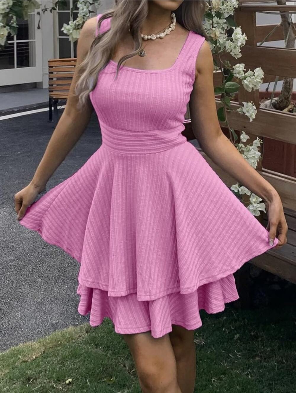 #259 MSRP $40 NWT EVZEIEM PINK TIERED SQUARE NECK MINI DRESS ♡SIZE L♡